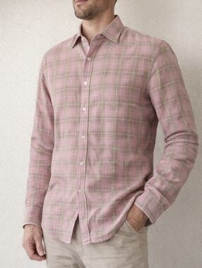 Bonobos Linen Shirt Mens Large Pink Plaid Slim Fit Button Up Casual Summer